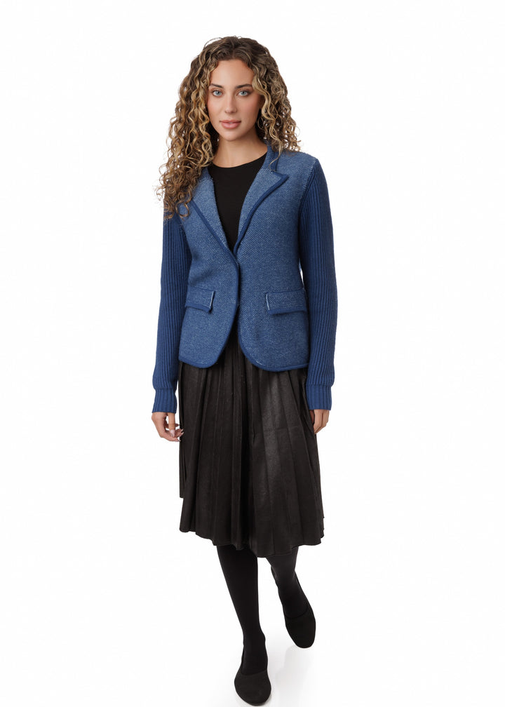 Ribbed Sleeve Knit Blazer - Blue