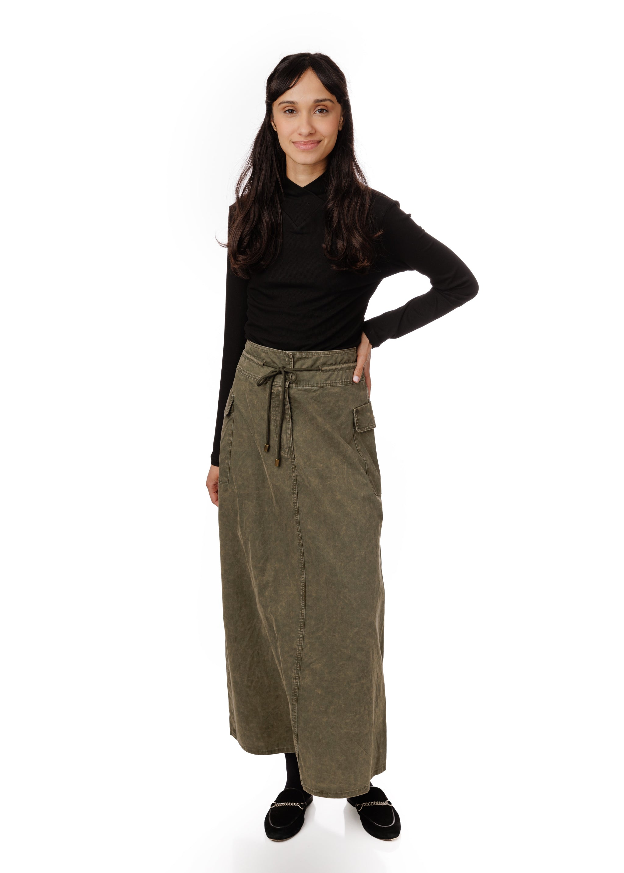 Acid Wash Drawstring Skirt - Green