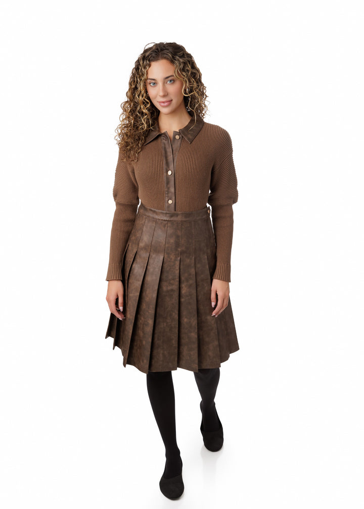 Leather Collar Knit Top - Brown