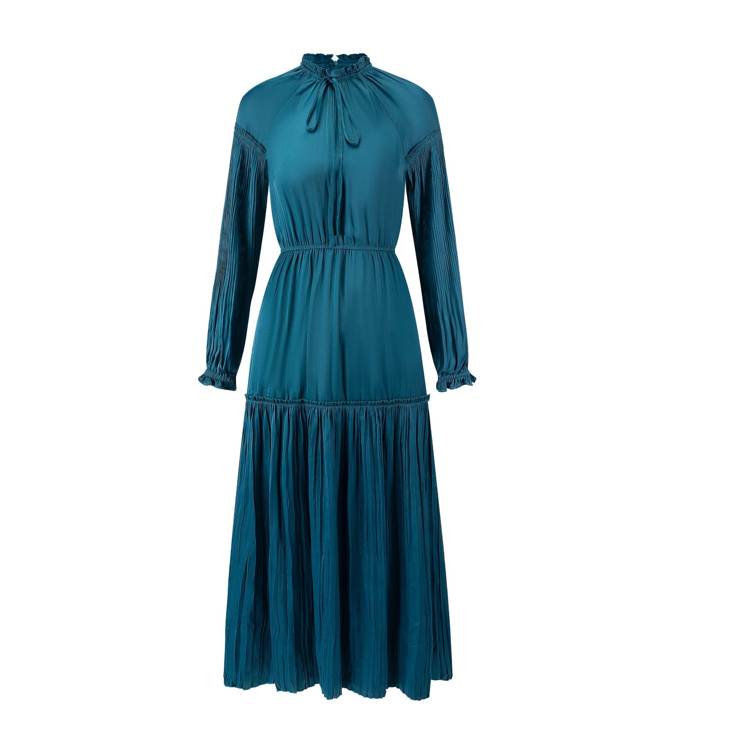 Solid Pleated And Tiered Dress - Teal