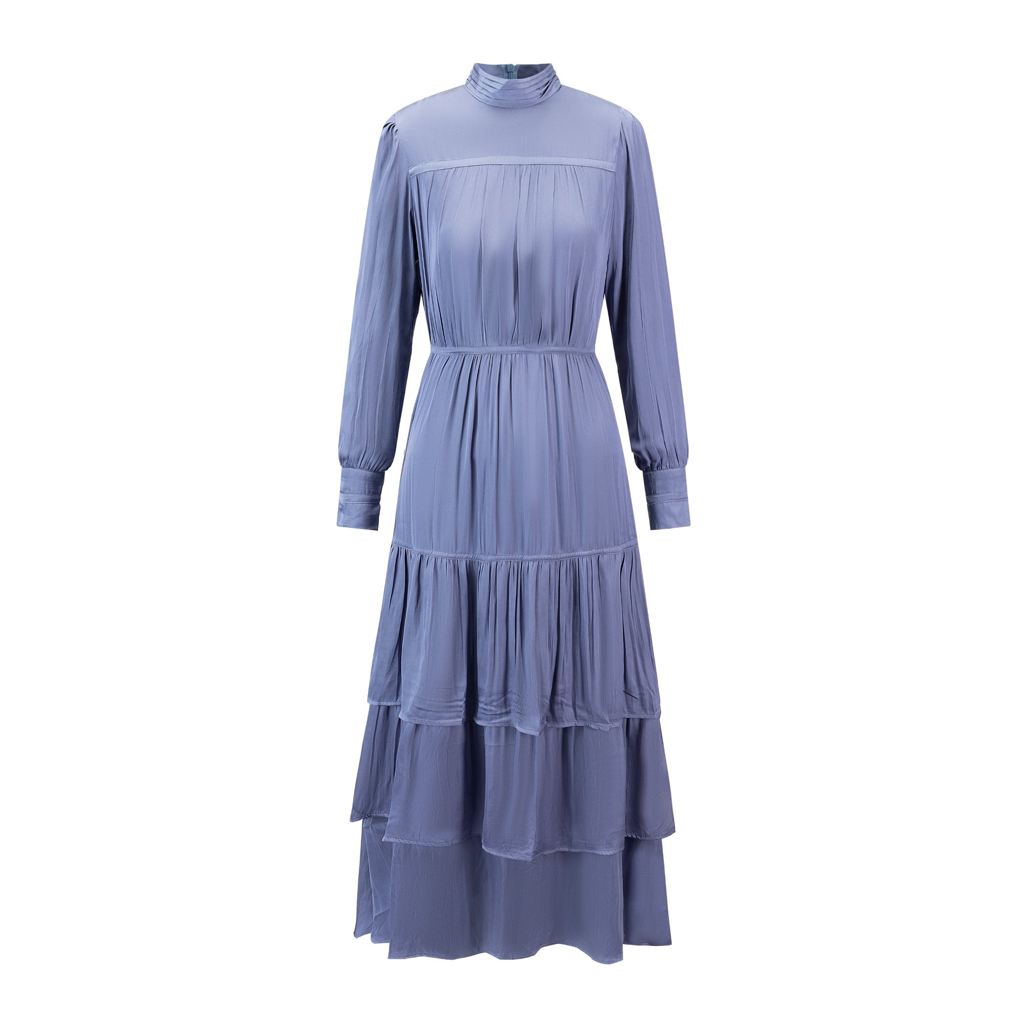 Slate Blue Pleated Dress With Pleated Neckline Detail