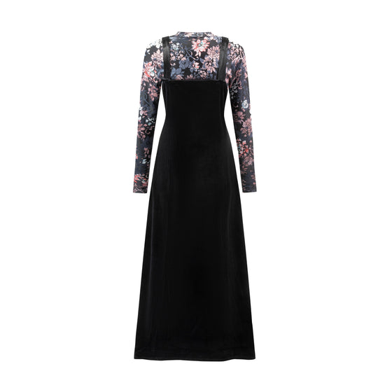 Velvet Jumper with Floral Velvet Mock Neck Underlay - Black