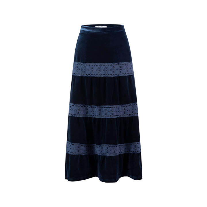 Velvet Skirt With Lace Trimmings - Blue