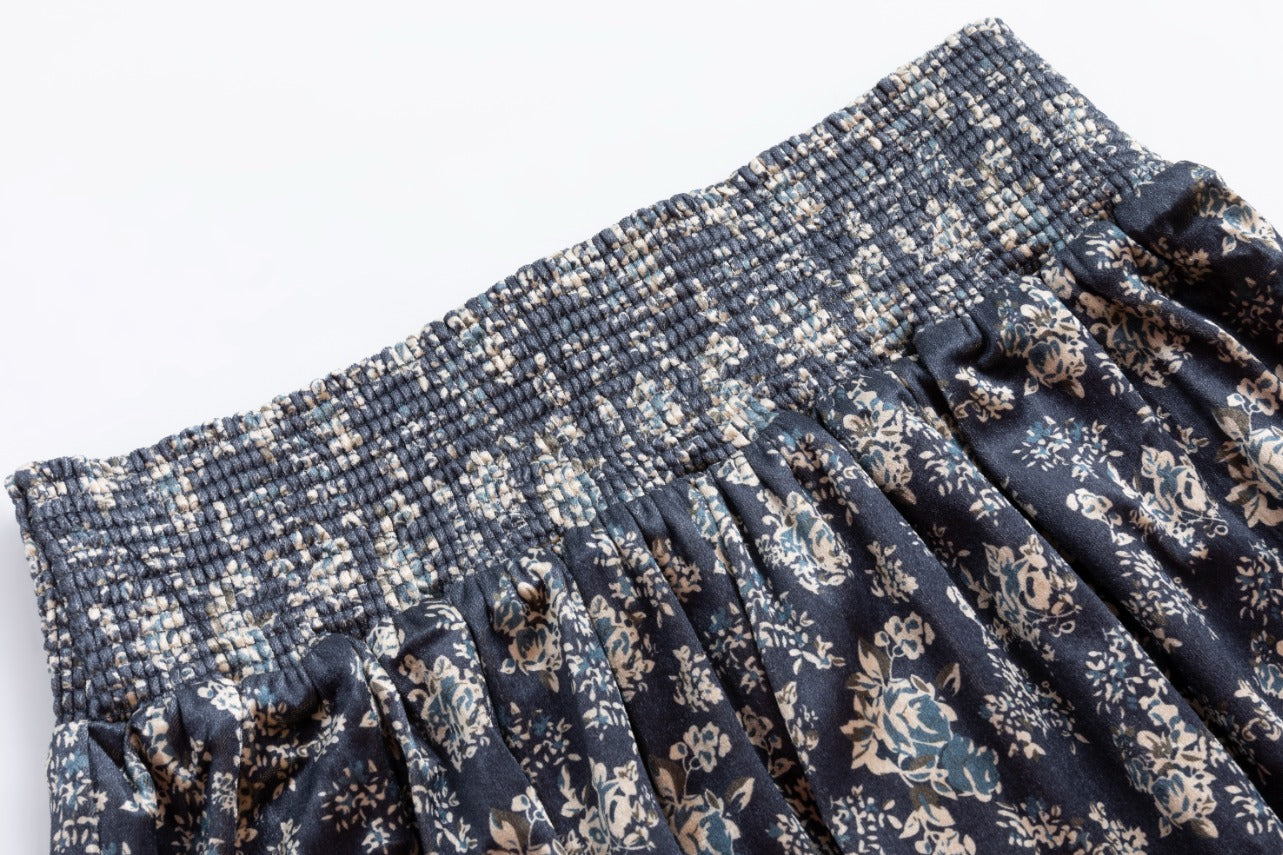 Printed Velvet Skirt With Smocked Waist Band