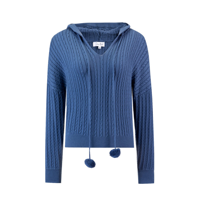Cable Knit Sweater With Pom Poms - Blue