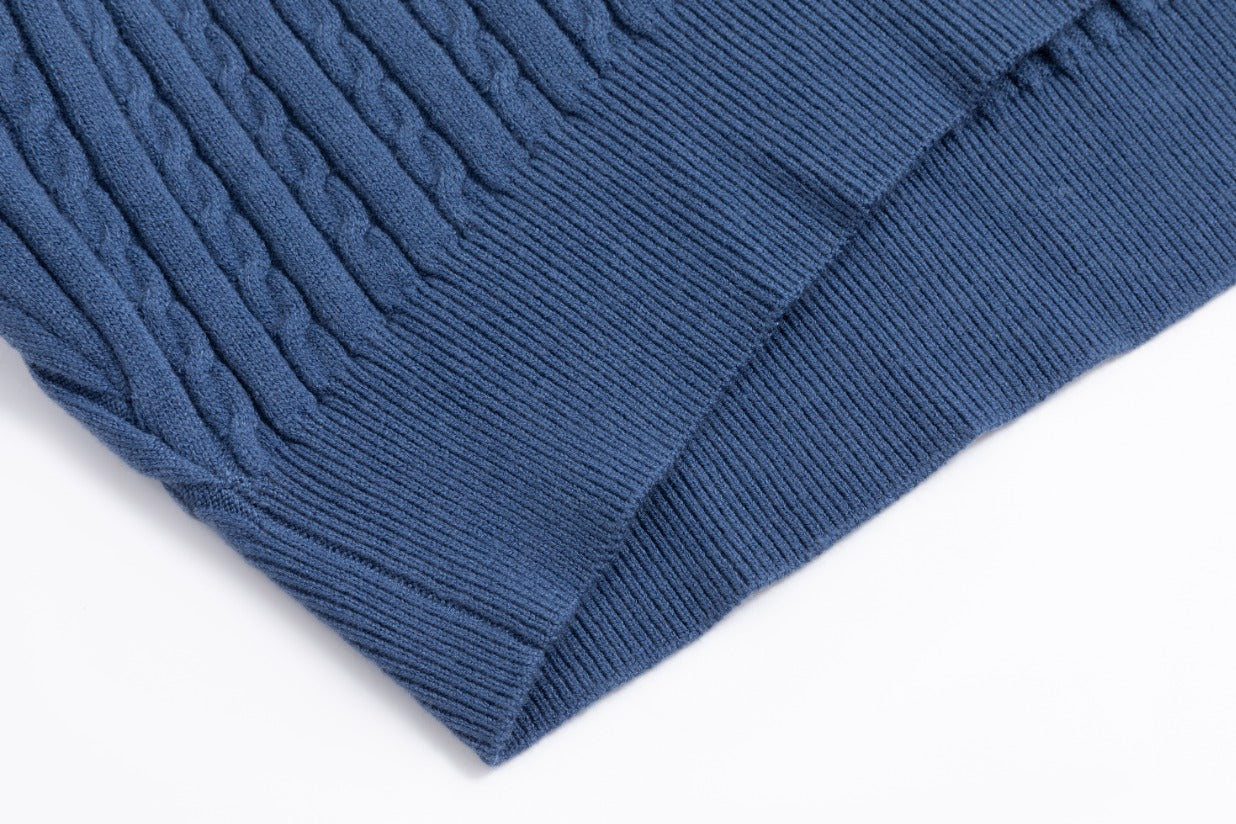Cable Knit Sweater With Pom Poms - Blue
