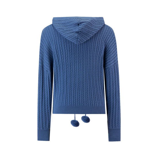 Cable Knit Sweater With Pom Poms - Blue