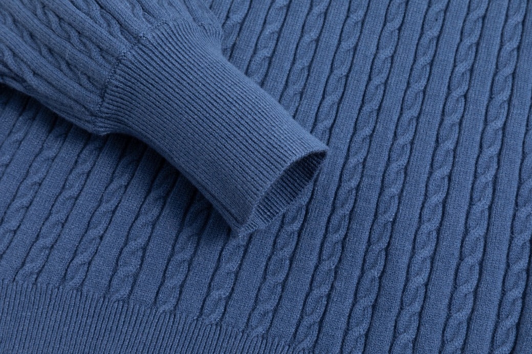 Cable Knit Sweater With Pom Poms - Blue