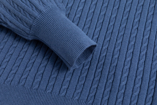 Cable Knit Sweater With Pom Poms - Blue
