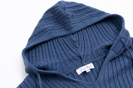 Cable Knit Sweater With Pom Poms - Blue