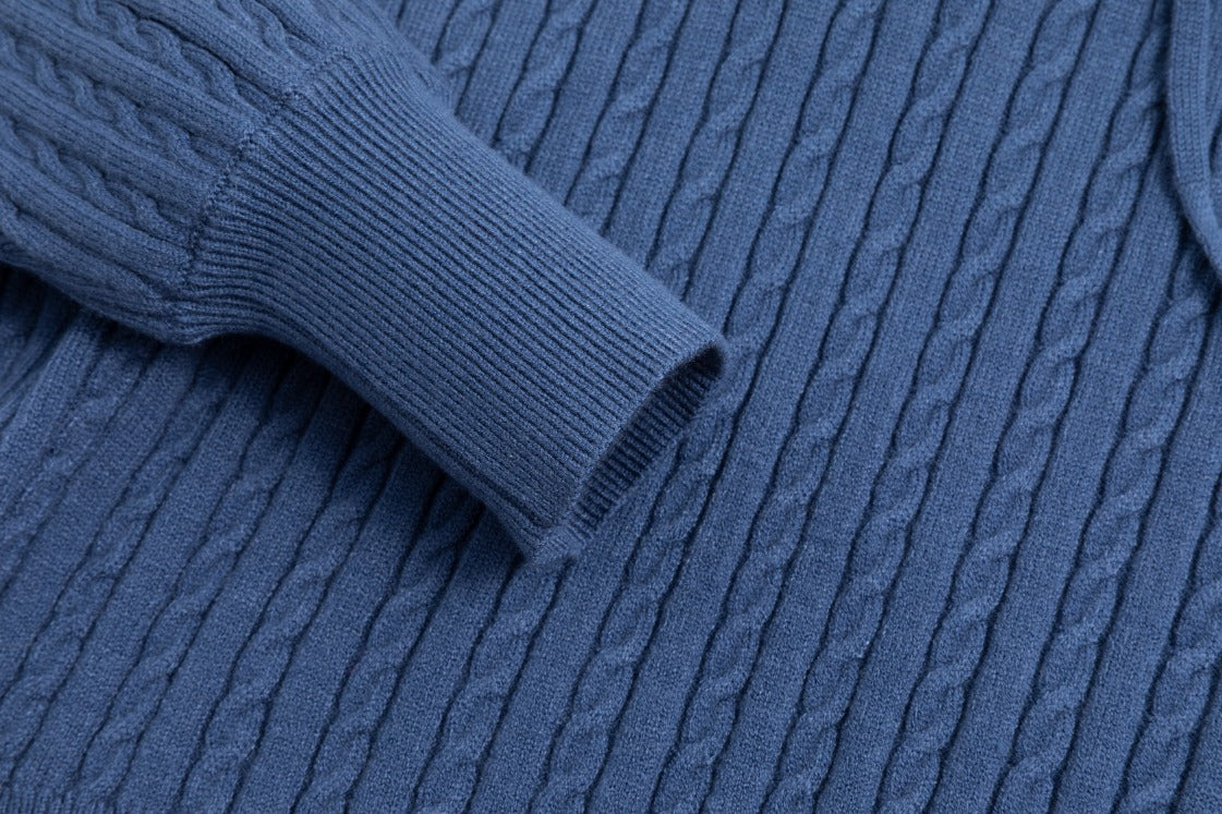 Cable Knit Sweater With Pom Poms - Blue