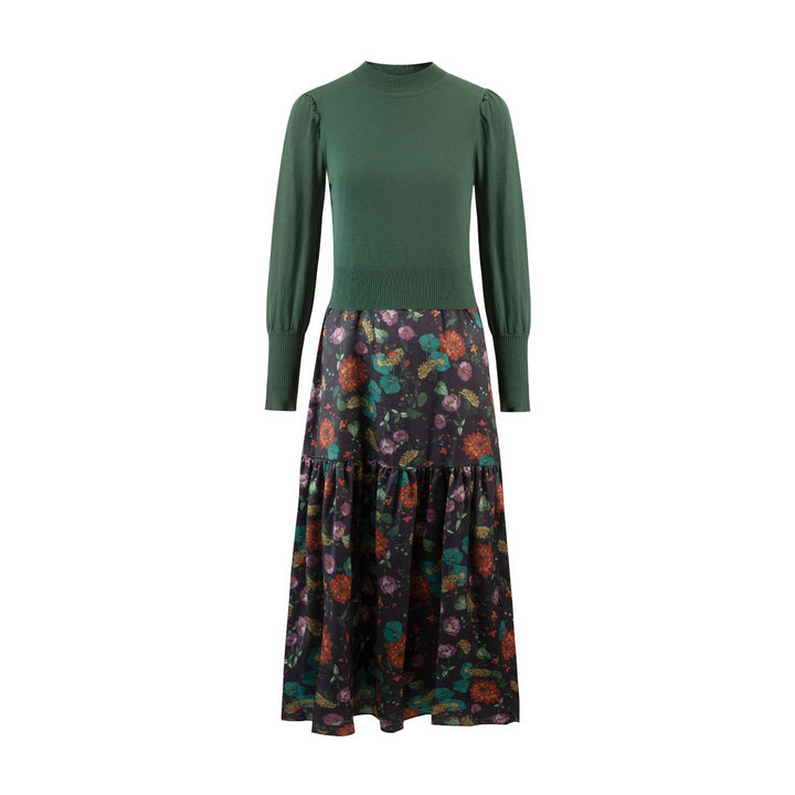 Printed Dress With Knit Overlay - Green
