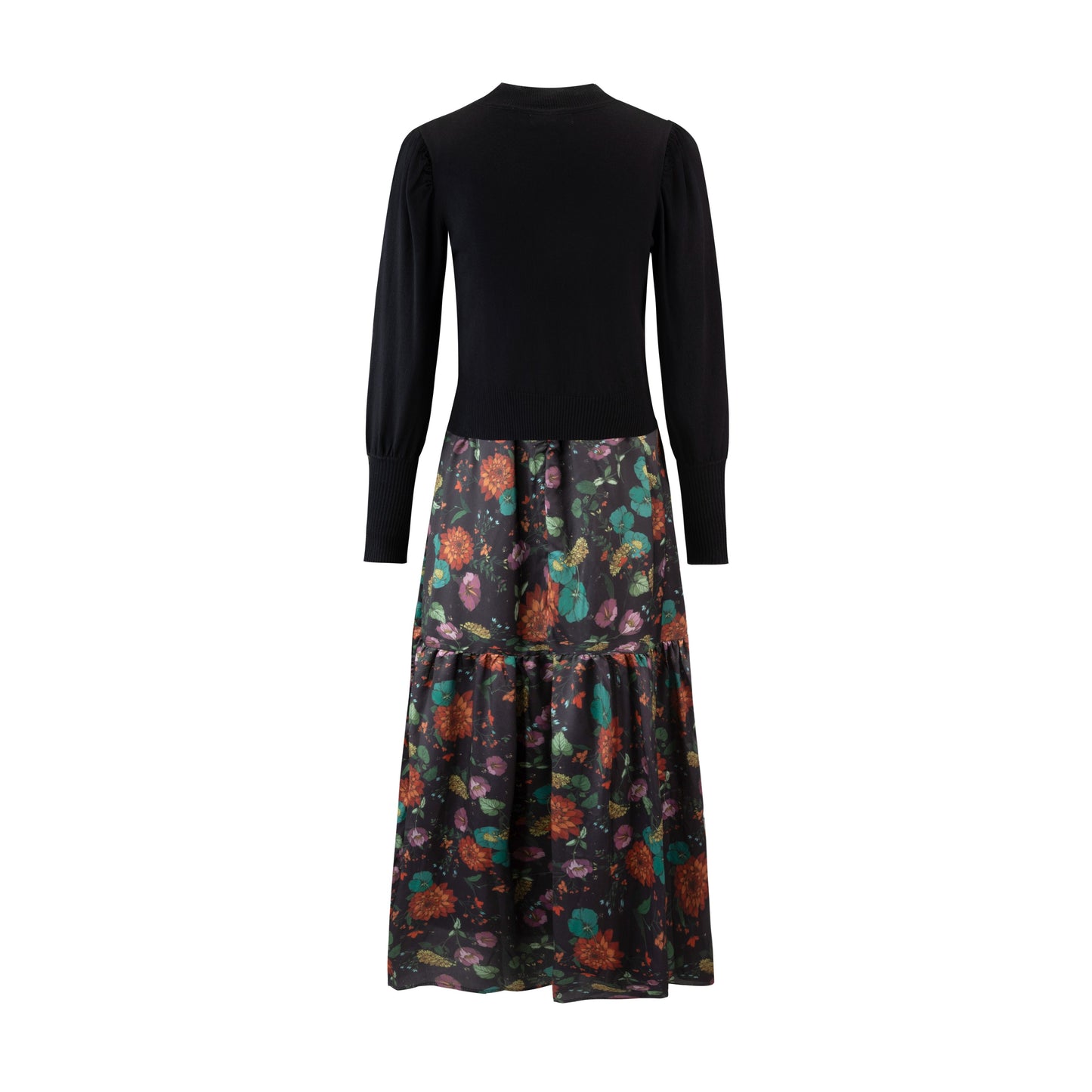 Printed Dress With Knit Overlay - Black