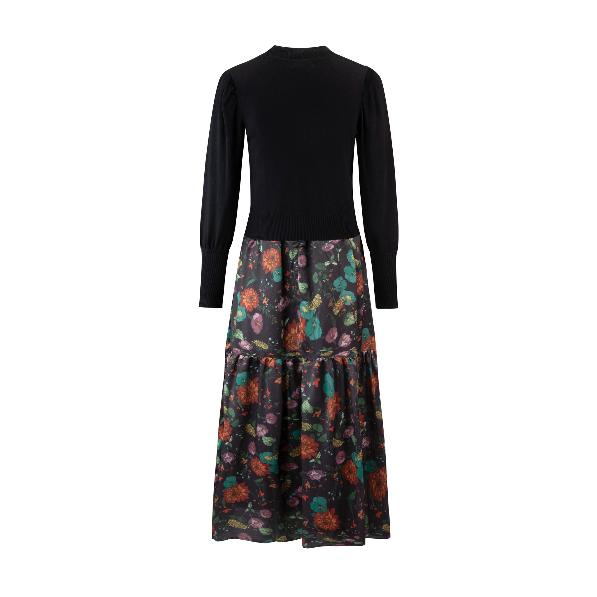 Printed Dress With Knit Overlay - Black