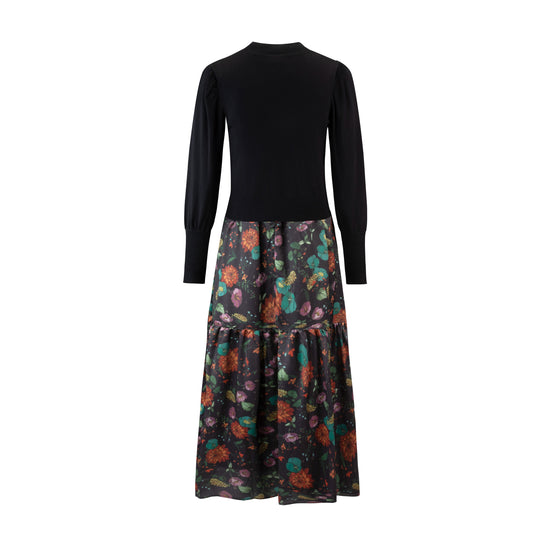 Printed Dress With Knit Overlay - Black