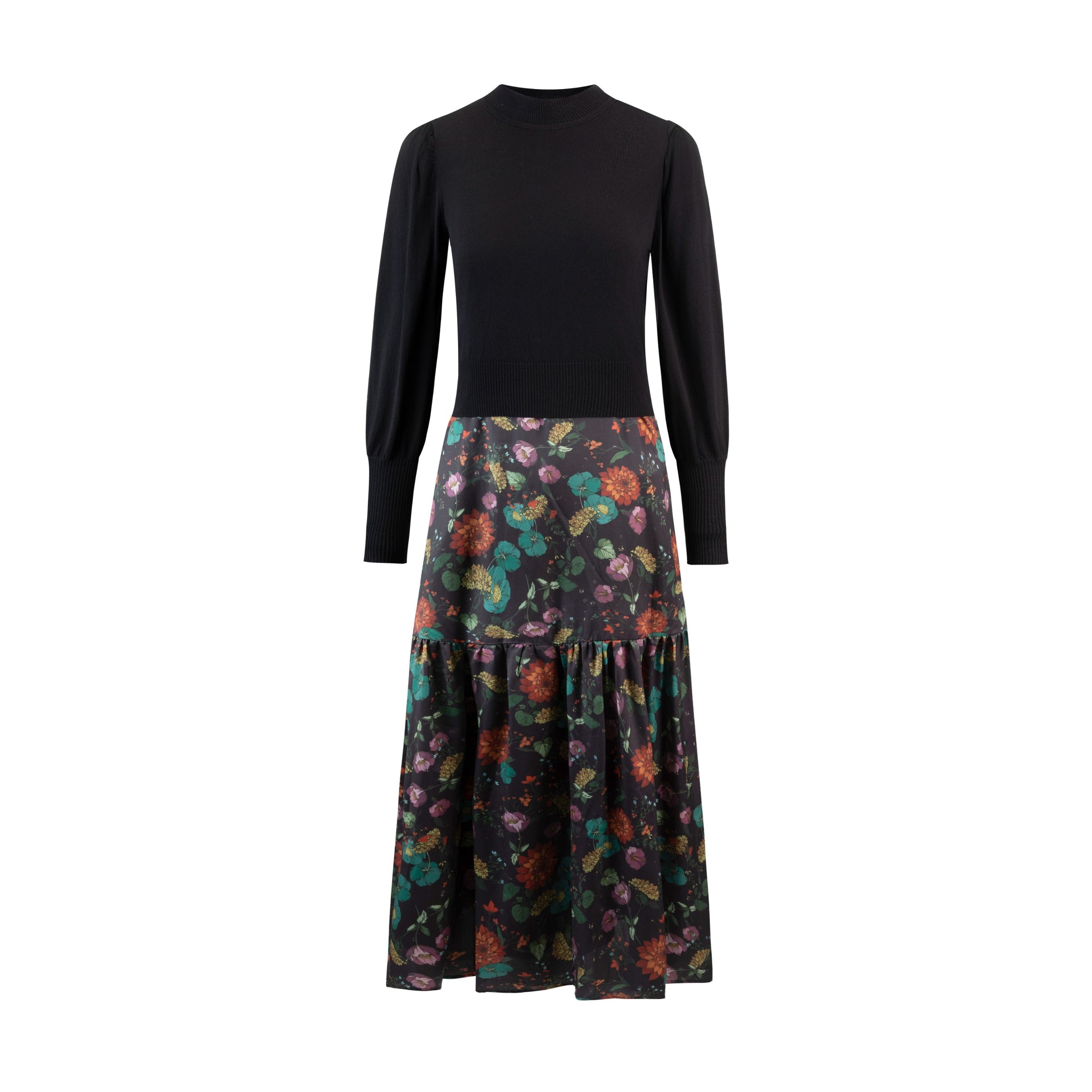 Printed Dress With Knit Overlay - Black