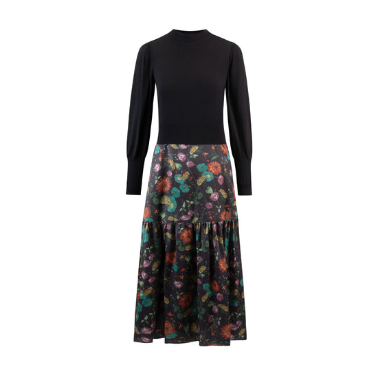Printed Dress With Knit Overlay - Black