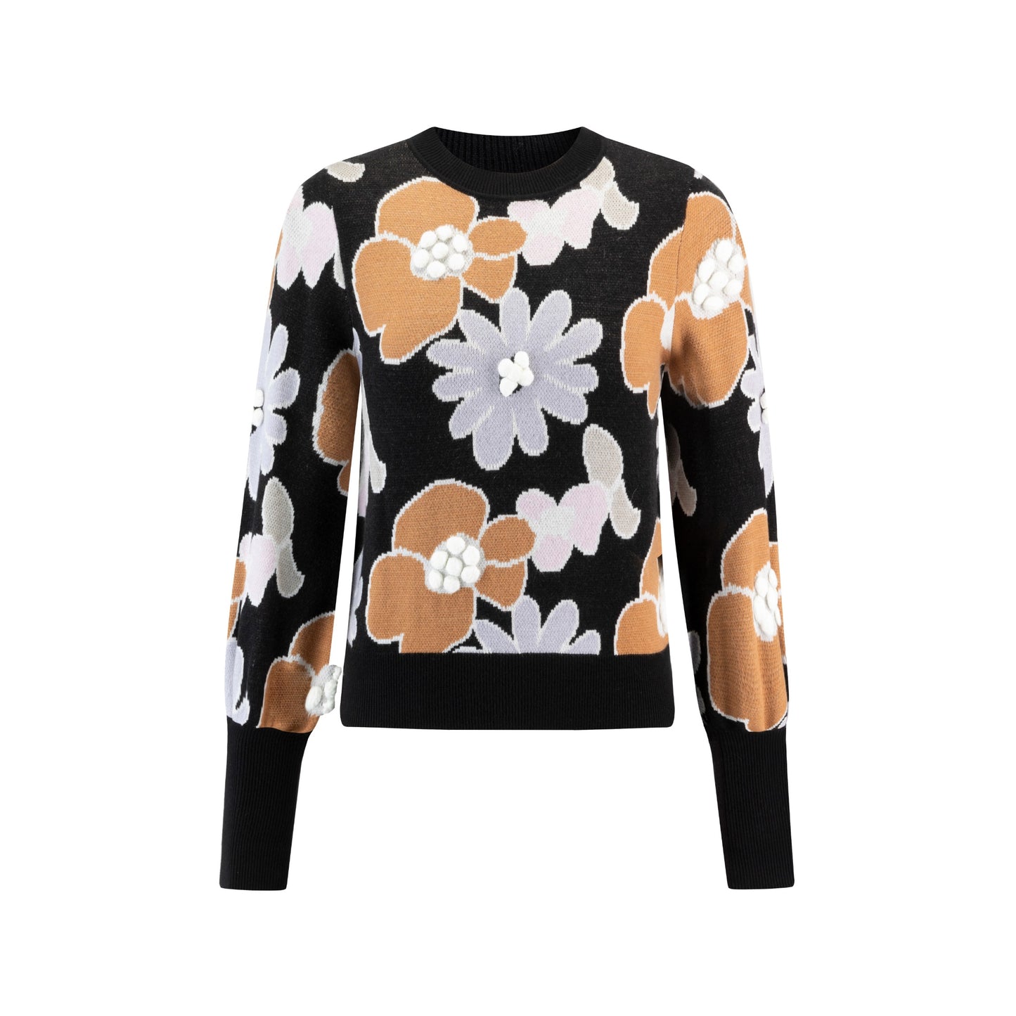 Sweater With Flowers And Pom Poms - Black