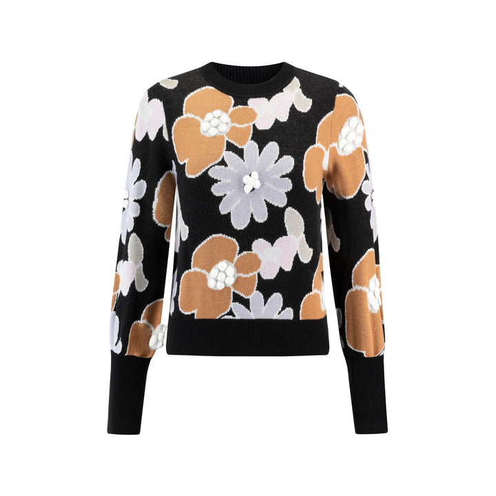 Sweater With Flowers And Pom Poms - Black
