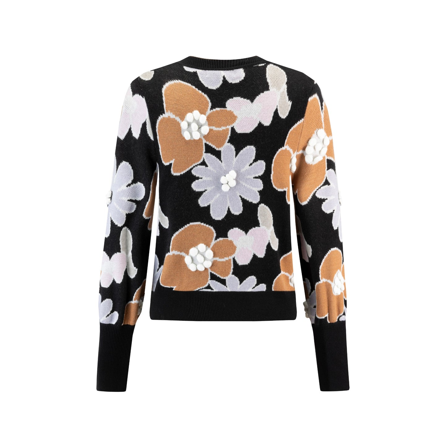 Sweater With Flowers And Pom Poms - Black
