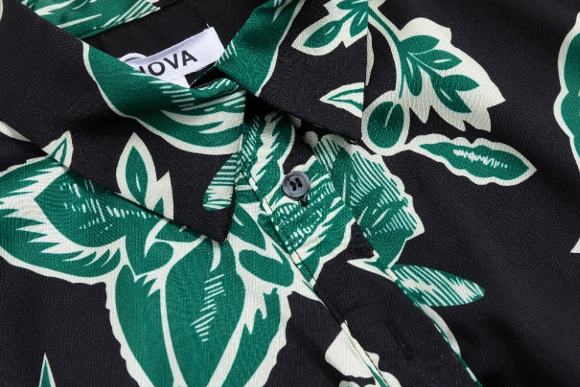 Big Flower Printed Shirt Dress - Emerald