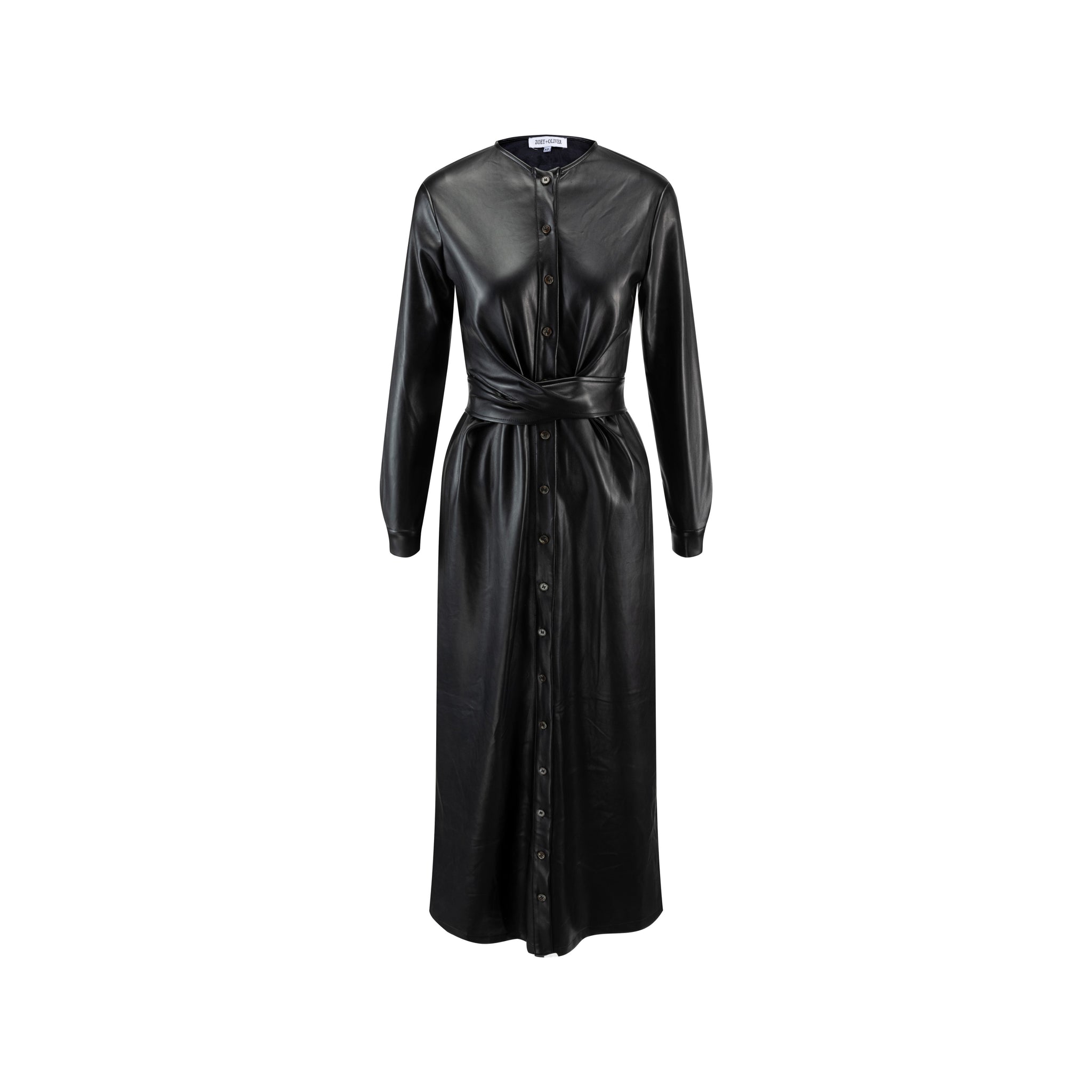 Leather Dress With Waist Tie - Black