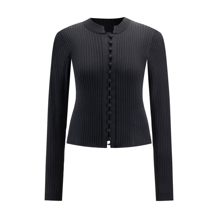 Polish Knit Ribbed Cardigan Top - Black