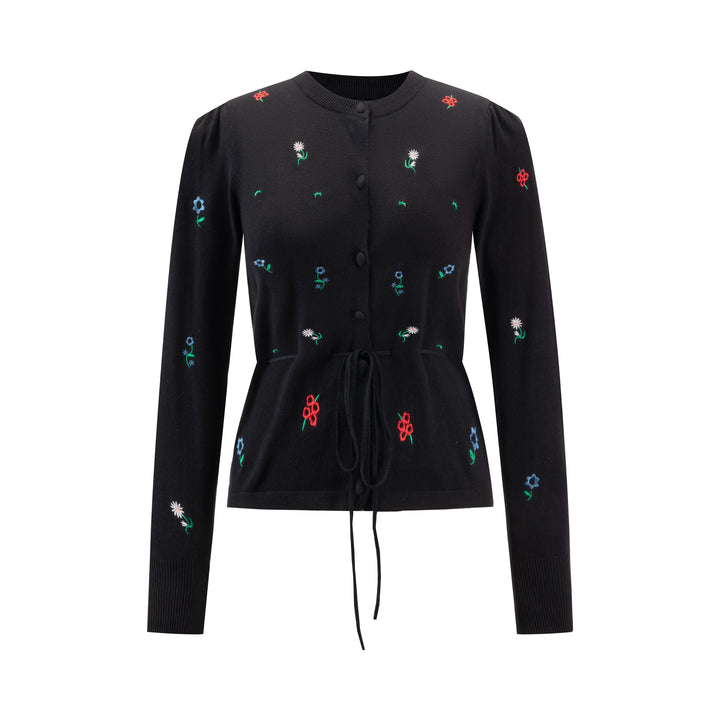 Knit Cardigan With Multicolor Embroidery - Black