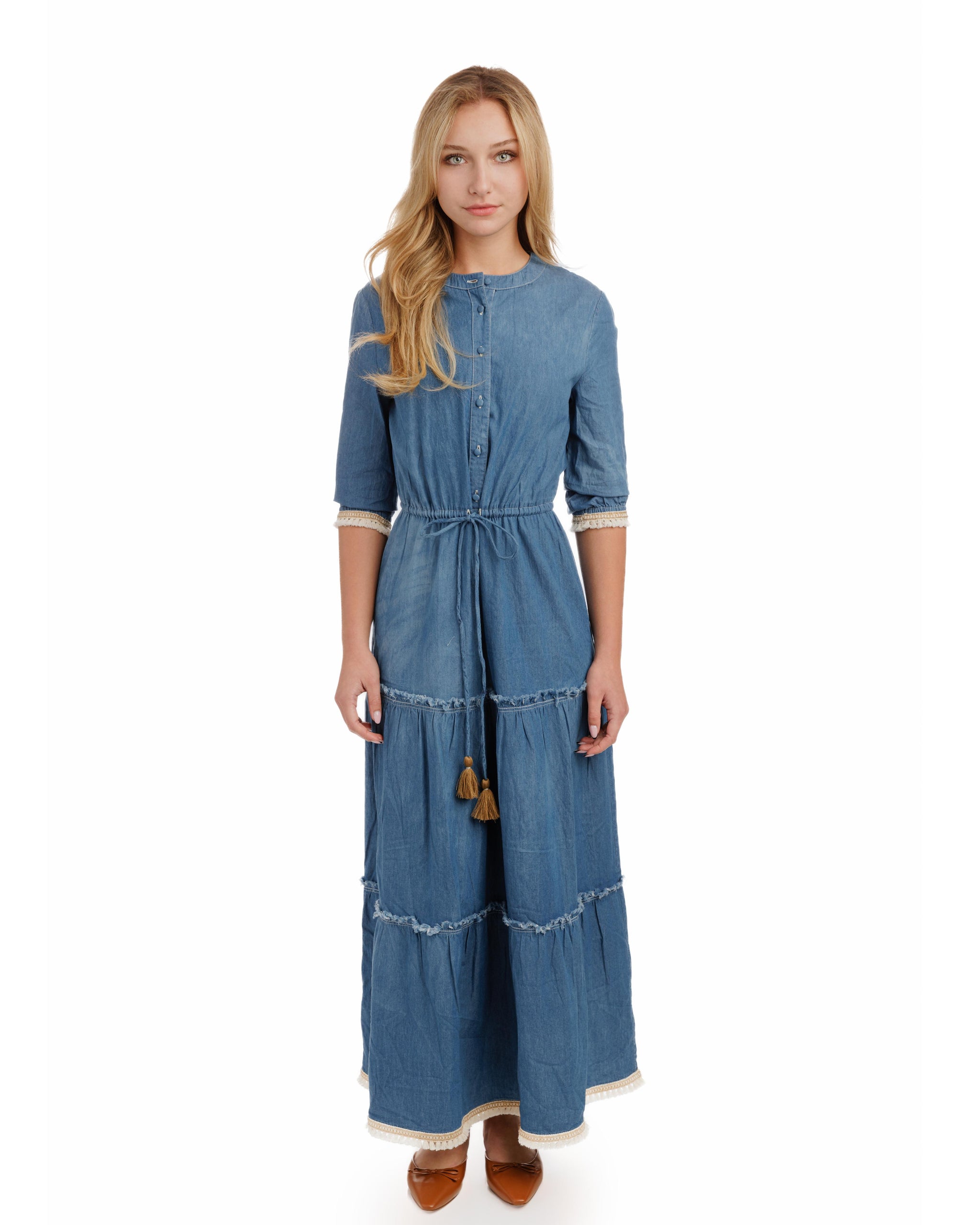 Blue Denim Layer Dress With Tassels The Runway Company Blue Denim Layer Dress With Tassels The Runway Company