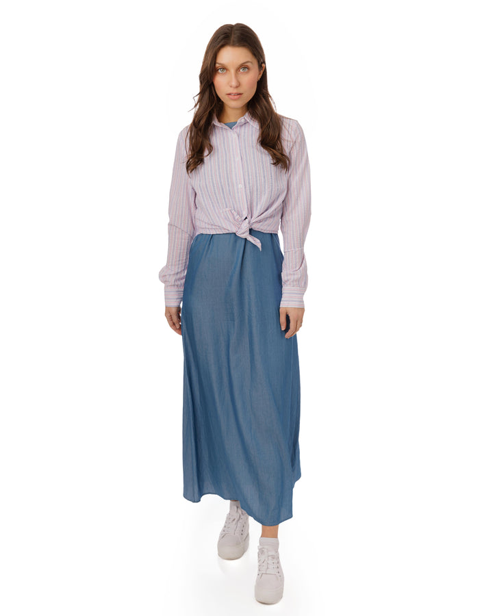 Denim Jumper With Pin Stripe Pink Blouse