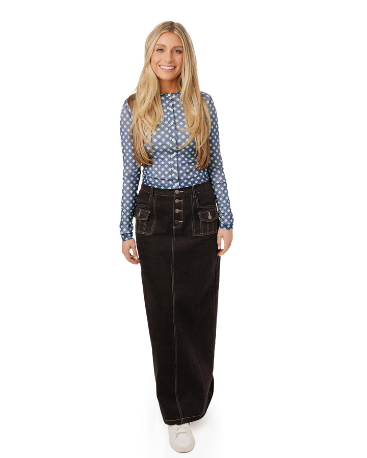 Dark Navy Stripes & Mint Printed Mesh Top