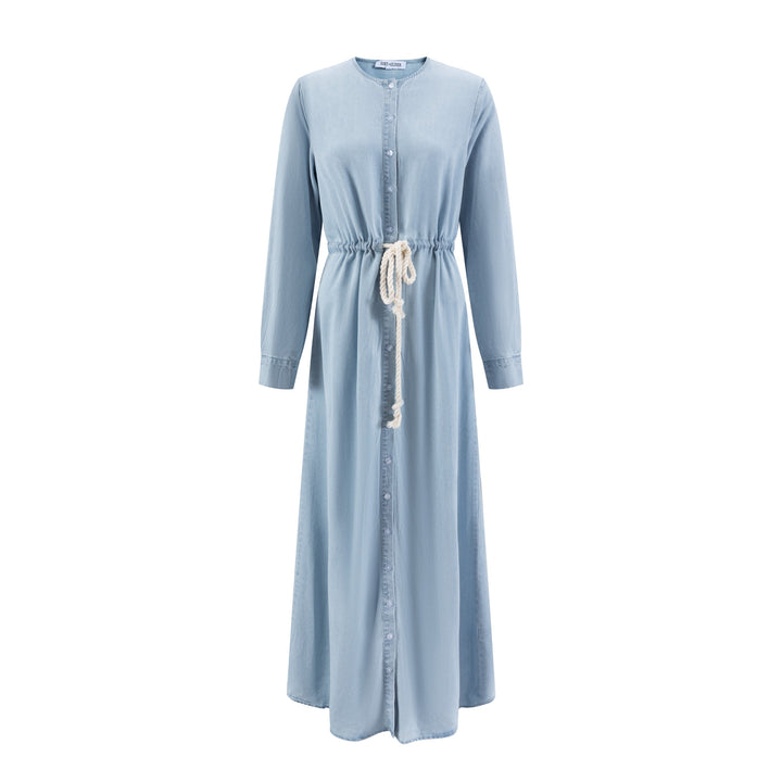 Light Blue Denim Shirt Dress With White Drawstring
