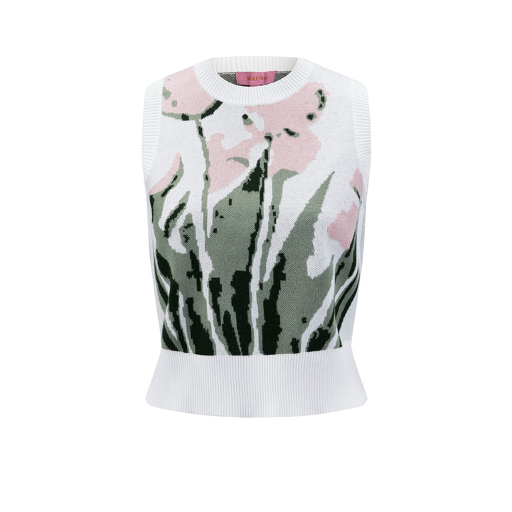 Ivory And Pink Printed Knit Vest