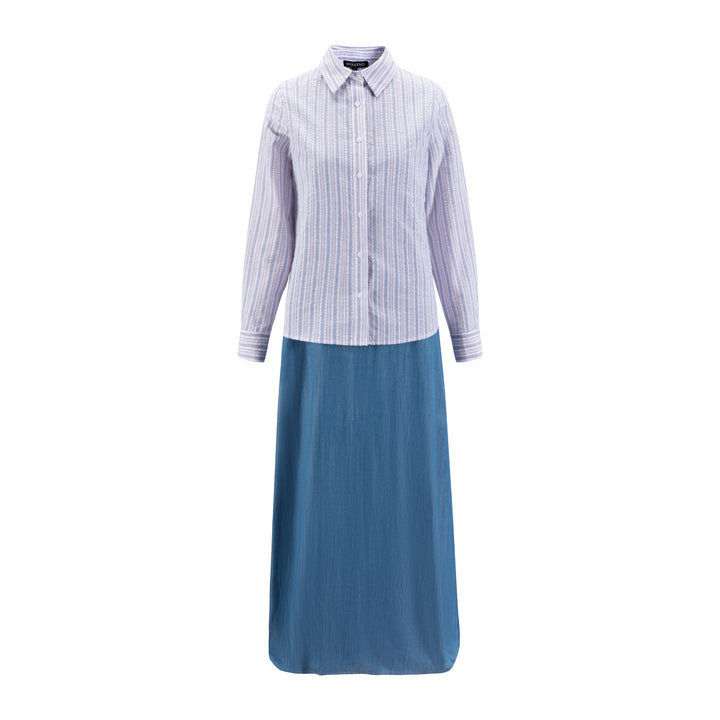 Denim Jumper With Pin Stripe Pink Blouse