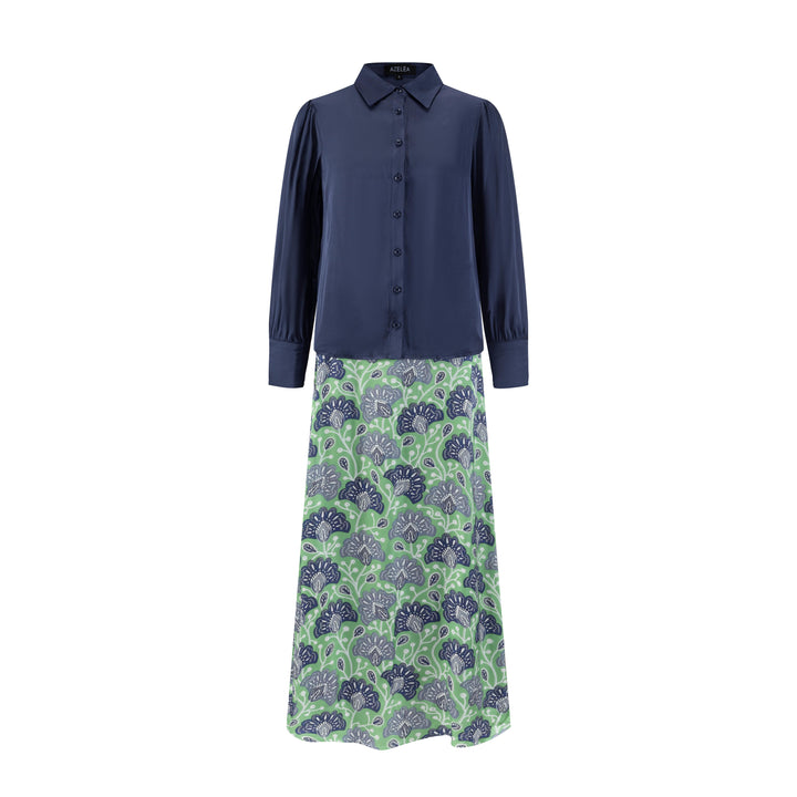 Solid Dark Navy Top & Green Base Navy Printed Jumper