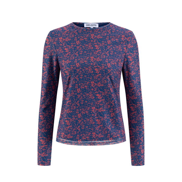 Navy Base Coral Flower Printed Mesh Top