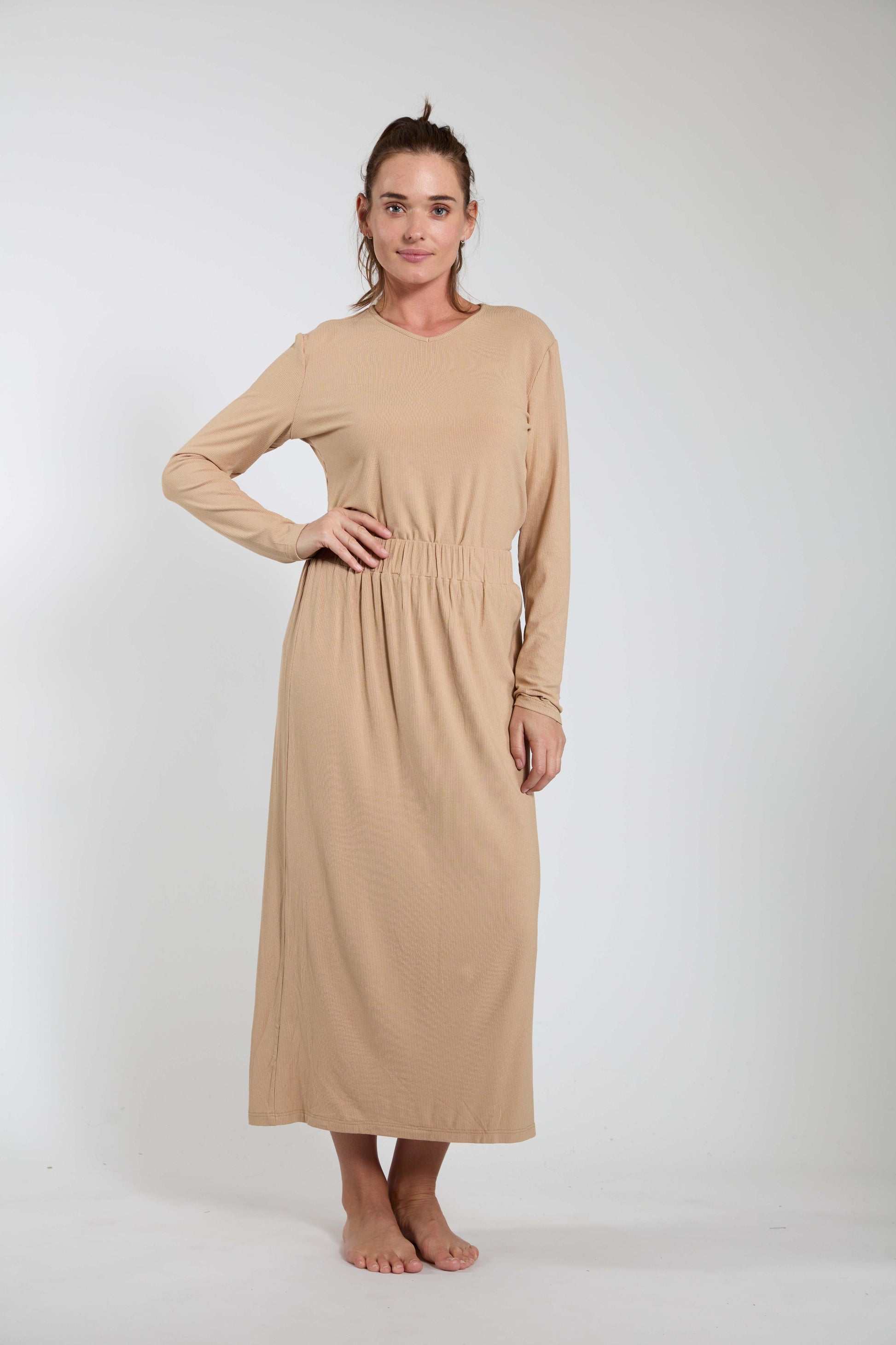 Tan Ribbed V Neck Top