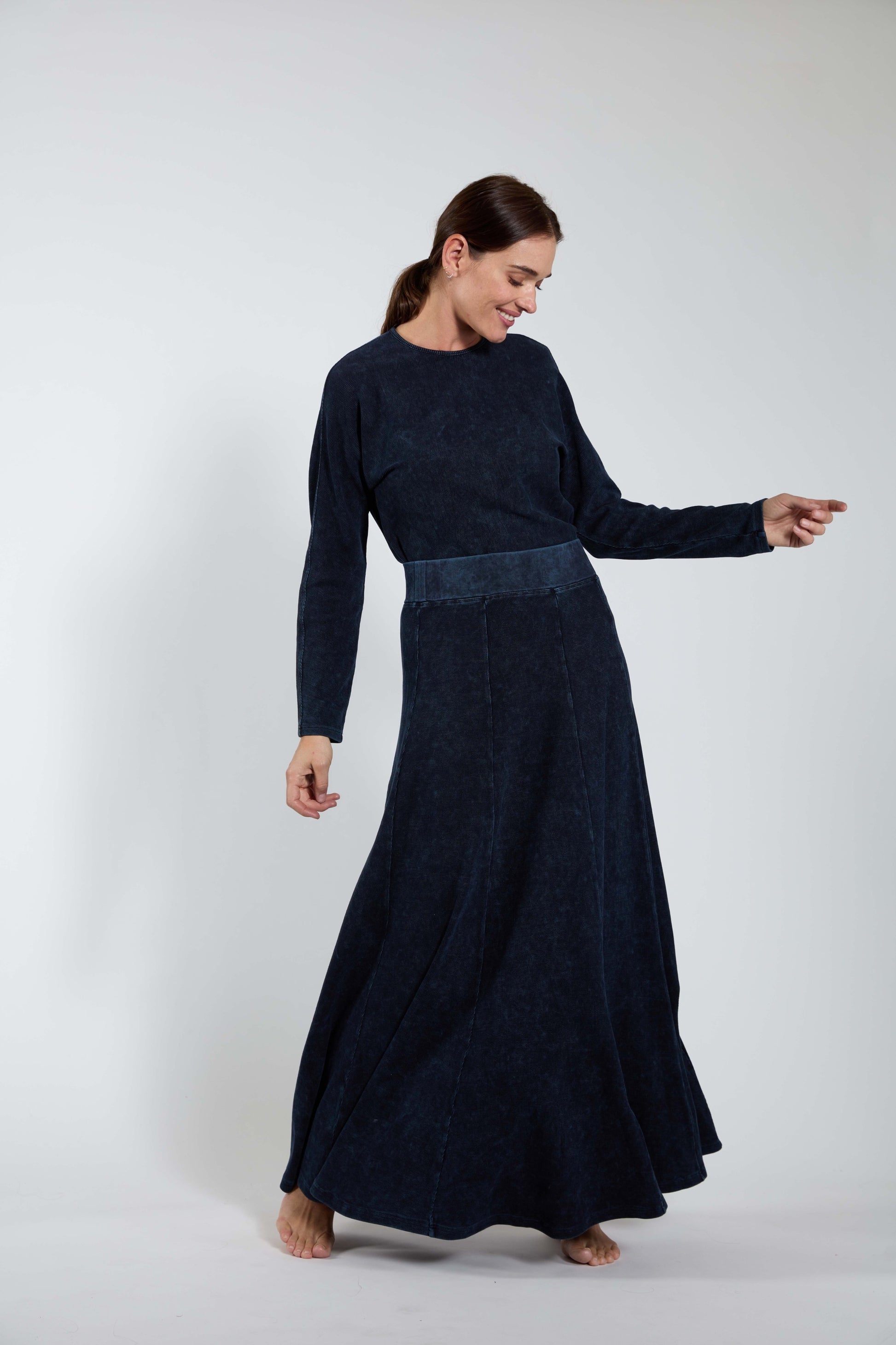 Dark Blue Denim Ribbed Maxi Skirt