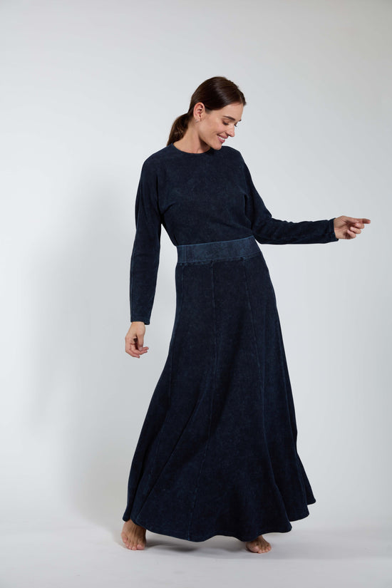 Dark Blue Denim Ribbed Maxi Skirt