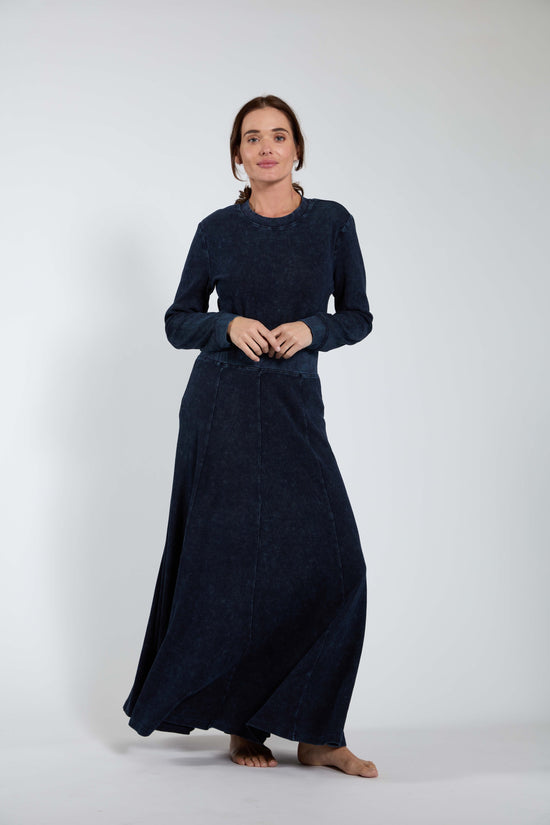 Dark Blue Denim Ribbed Maxi Skirt