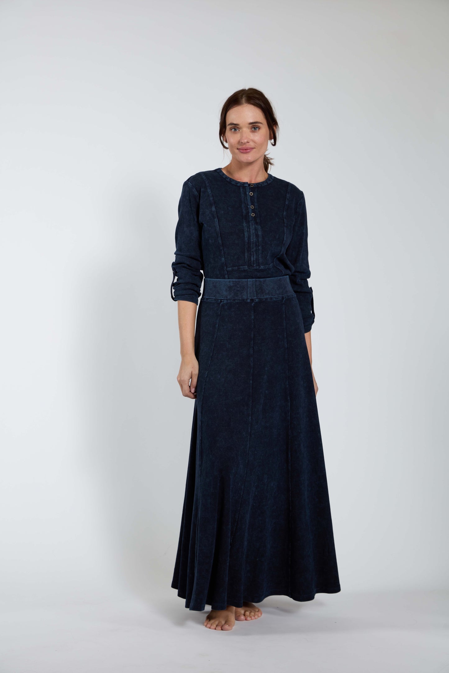 Dark Blue Denim Ribbed Maxi Skirt