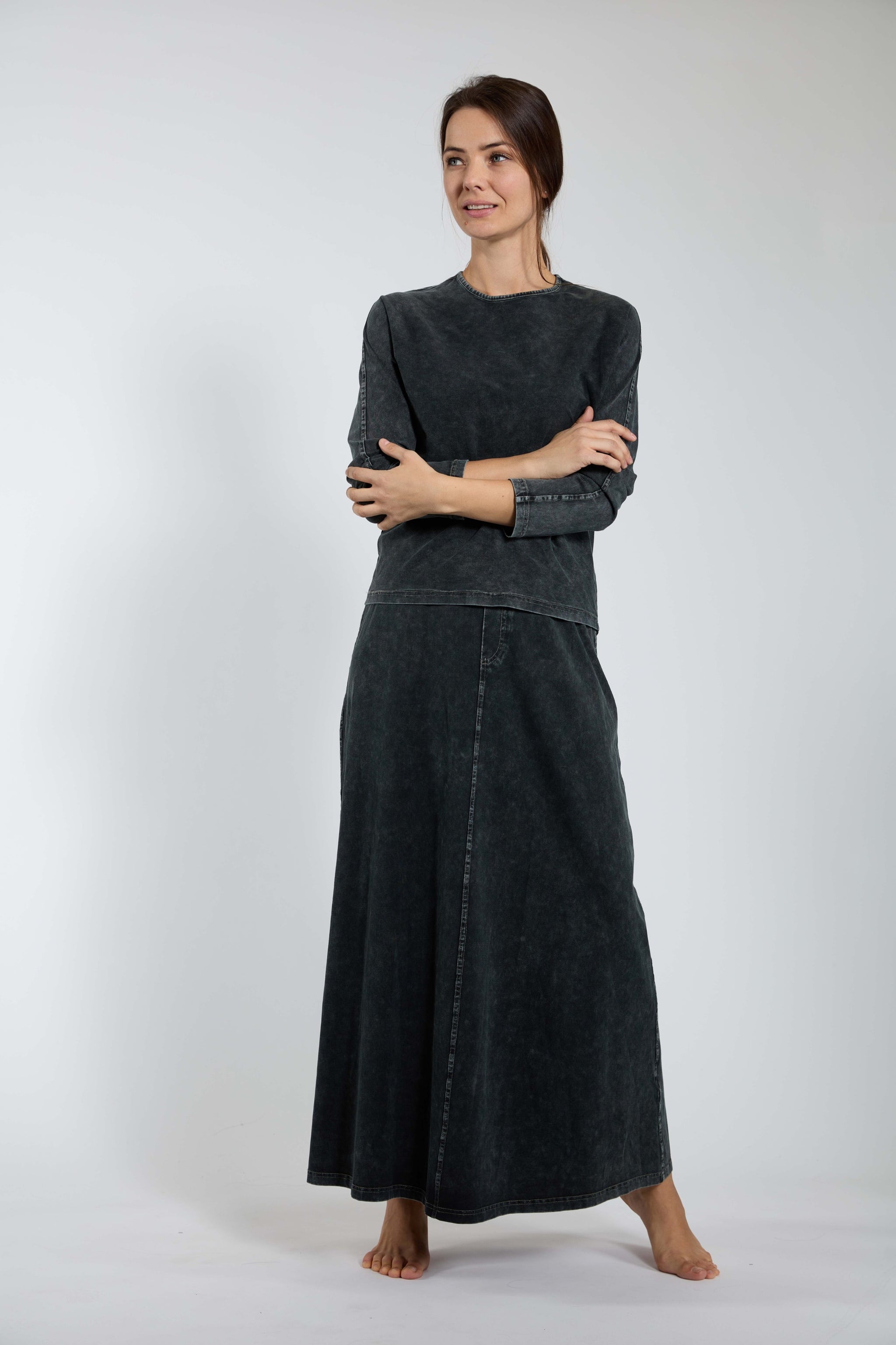 Black Washed Maxi Denim Skirt