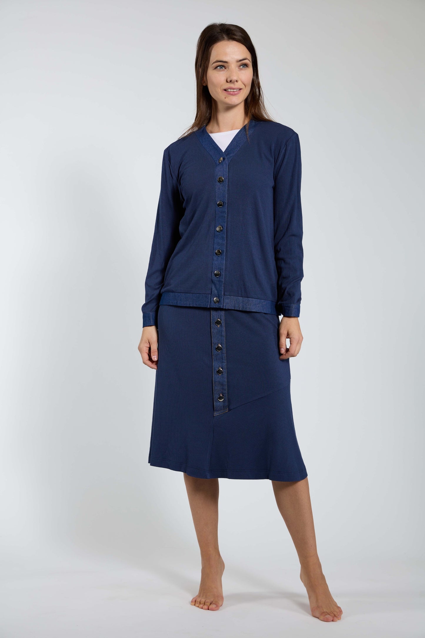 Dark Blue Ribbed Skirt With Denim Waistband & Buttons