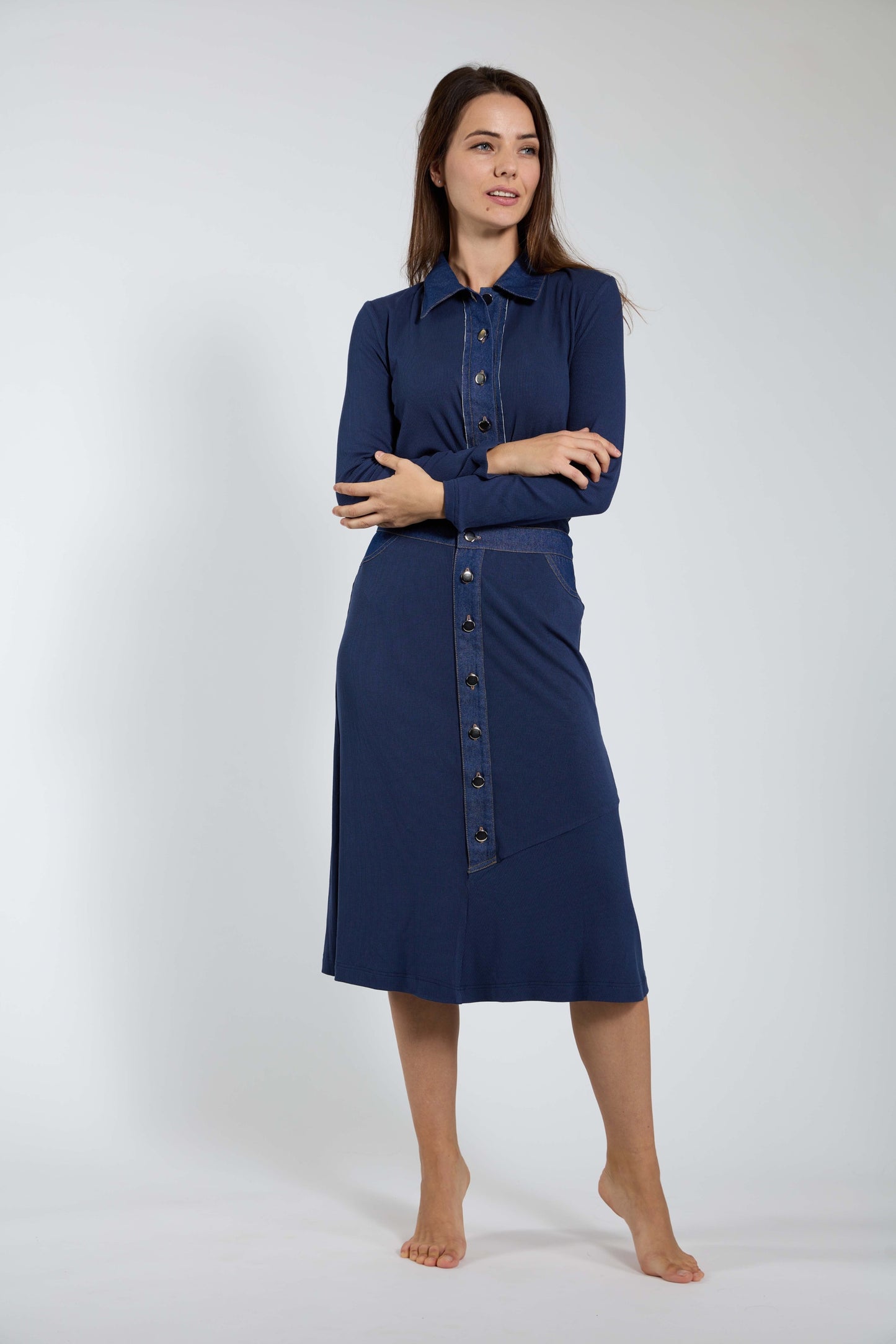 Dark Blue Ribbed Skirt With Denim Waistband & Buttons