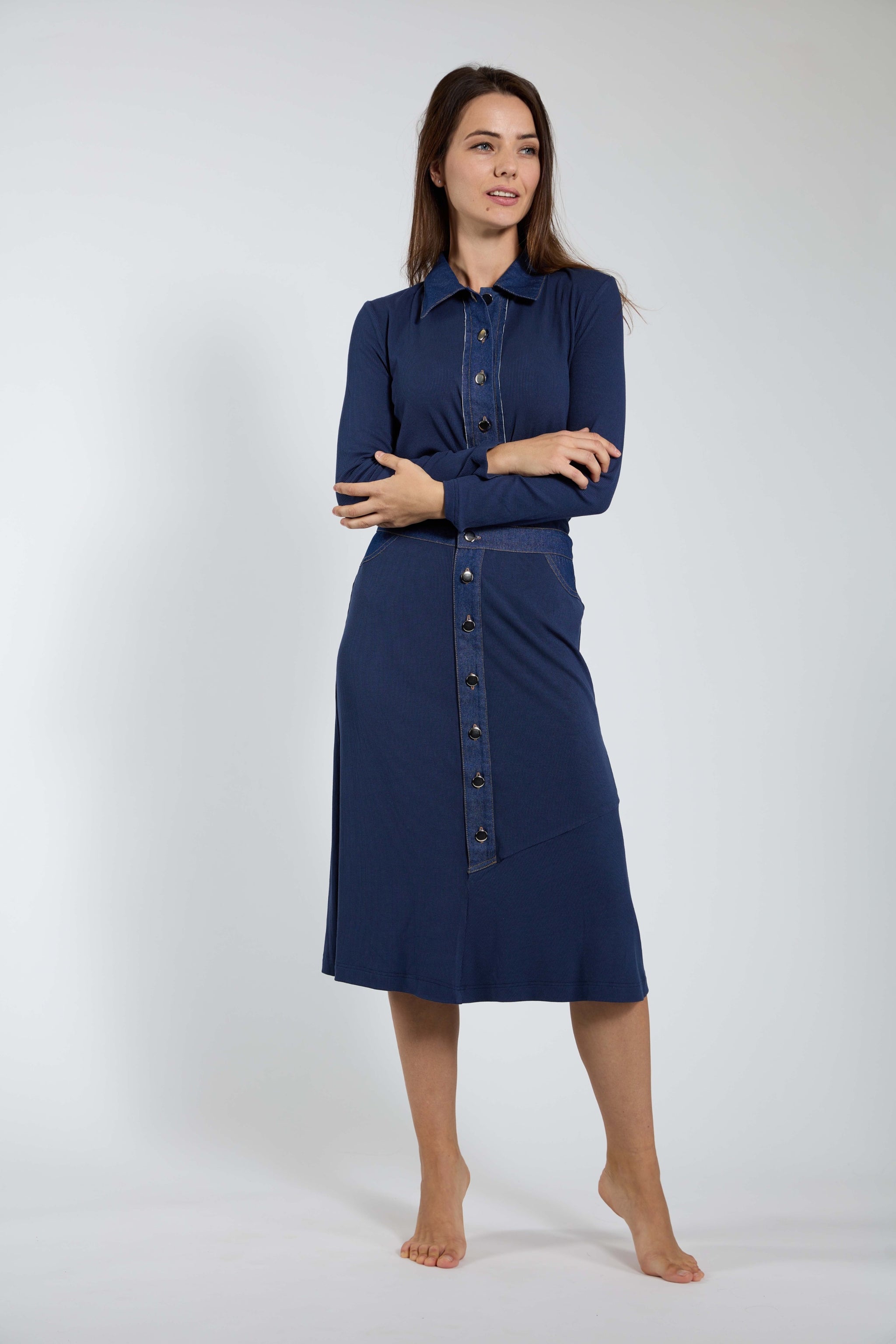 Dark Blue Ribbed Skirt With Denim Waistband & Buttons