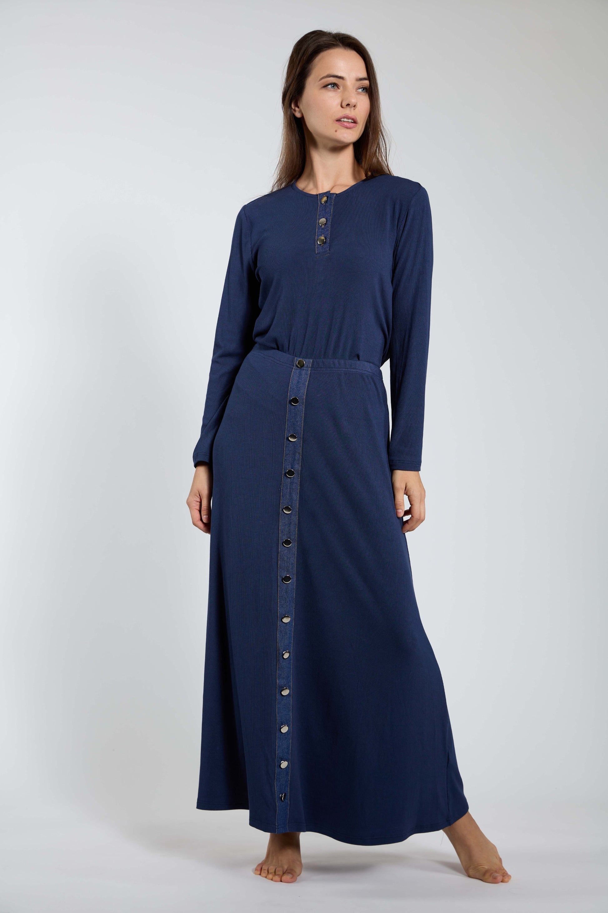 Dark Blue Ribbed Skirt With Denim Placket & Buttons