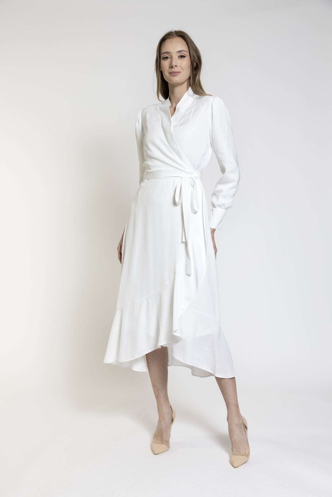 White Fake Wrap Ruffle Dress