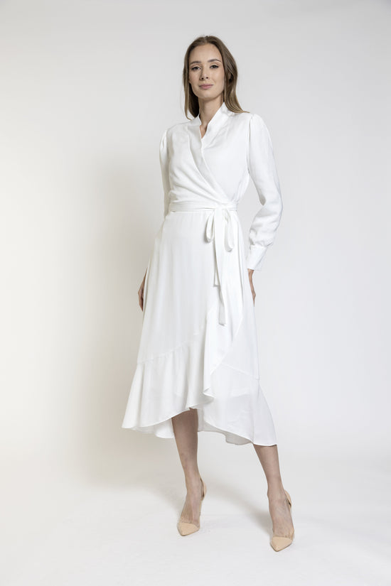 White Fake Wrap Ruffle Dress
