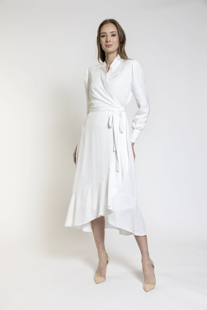 White Fake Wrap Ruffle Dress