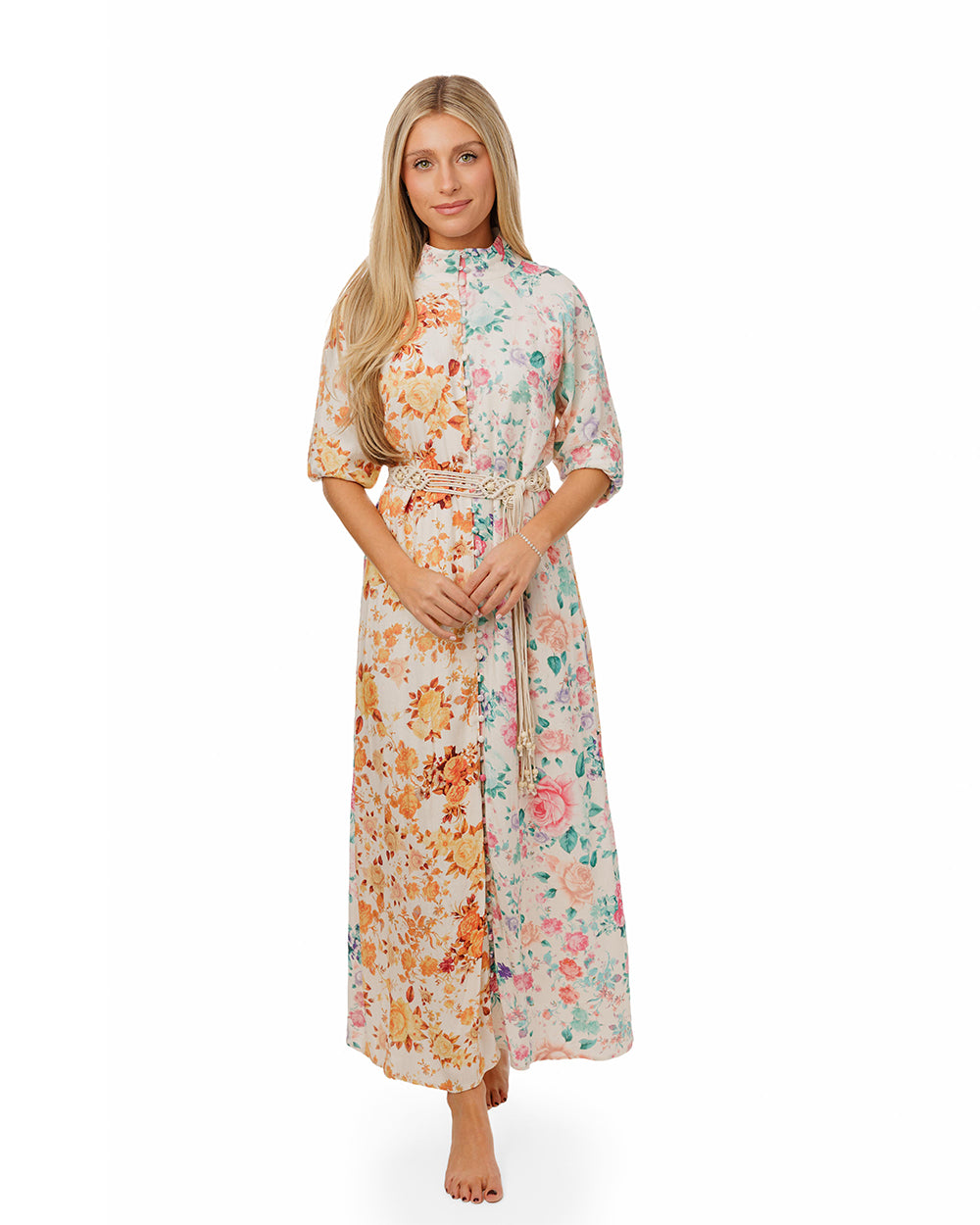 Beige Linen Dress With Mutli Colored Floral Print – The Runway Company